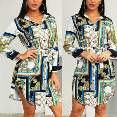 

Tailored Womens Fashion Vintage Printed With Belt Medium&Long Shirt Dress