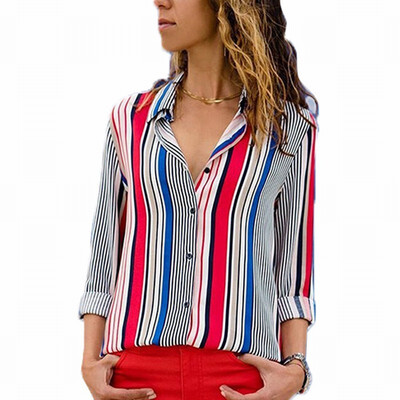 

Suit collar single-breasted long-sleeved vertical stripes casual modern blouse top