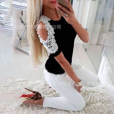 

Spot DL2025 Europe&America lace beaded strapless stitching T-shirt Amazon cross-border red