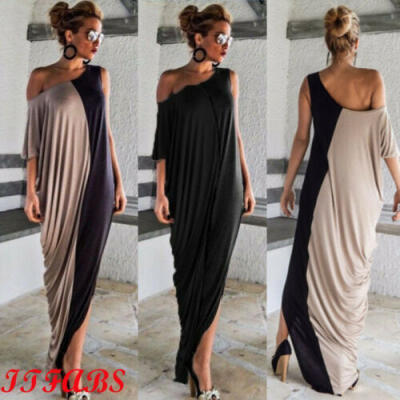 

Boho Womens One Off Shoulder Maxi Dress Short Sleeve Ladies splice Casual Dress