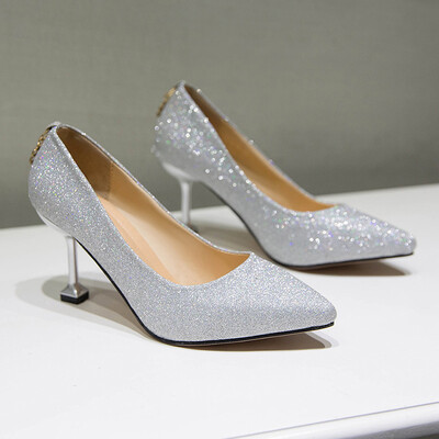 

Wedding Shoes Bride Shoes Tip Sequined High-heeled Shoes Silver Fine-heeled Light-mouthed Bridesmaid Shoes Crystal Shoes