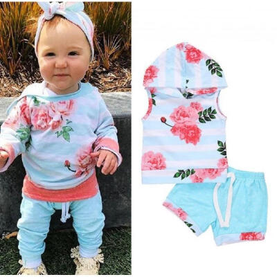 

Sleeveless Newborn Baby Girls Hooded Flower Tops Shorts Summer Outfits Clothes