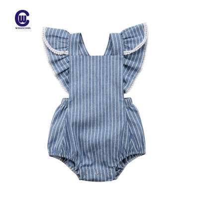 

Newborn Infant Baby Girl Cute Ruffled Sleeve Blue Stripe Romper Jumpsuit Bodysuit One Piece Summer Clothes Outfit