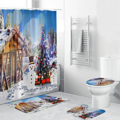 

Tailored 4Pcs Christmas shower Curtain Bathroom Anti-slip Carpet Rug Toilet Cover Mat Set