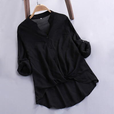 

Starmoon Women Cotton linen Casual Solid Long Short Sleeve T Shirt Blouse Button Down Top
