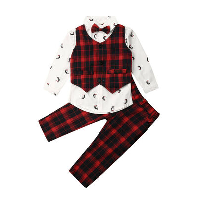 

2-7Y Baby Kids Boy Girls Long Sleeve Pants Plaid Top Blouse Clothes 3Pcs