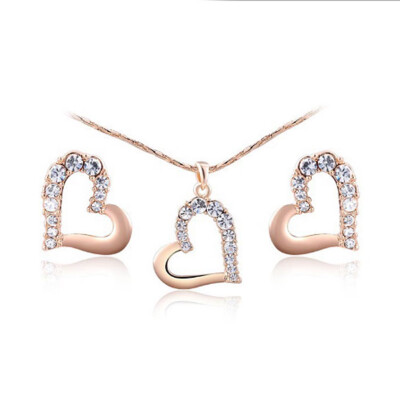 

Women New Fashion Jewelry Set Rhinestone Inlaid Rose Gold Heart-shaped Pendants Necklace Earrings