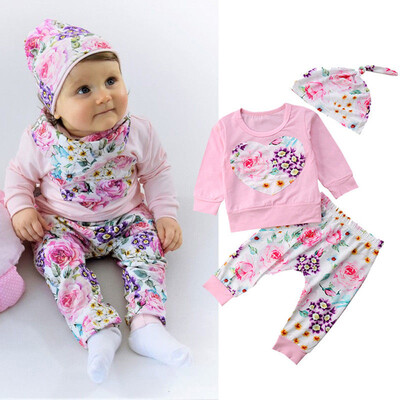 

Newborn Infant Baby Girl Clothes Floral T shirt Tops Pants Hat 3PCS Outfits Set