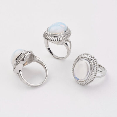 

Opalite Finger Rings with Alloy Ring Finding Paltinum Oval Size 8 18mm