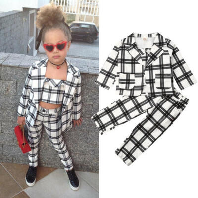 

US Kids Baby Girl Winter Clothes Plaid Coat TopsUndercoatLong Pants Outfit Set