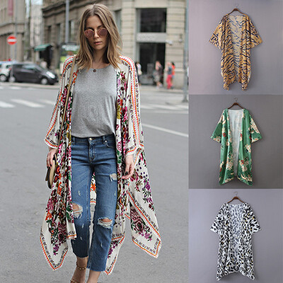 

New Women Chiffon Kimono Cardigan Floral Leopard Print Asymmetric Boho Loose Outerwear Beachwear Bikini Cover Up