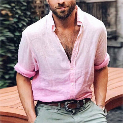 

Mens Linen Long Sleeve Shirt Summer Cool Loose Casual V-Neck Shirts Tops -3XL