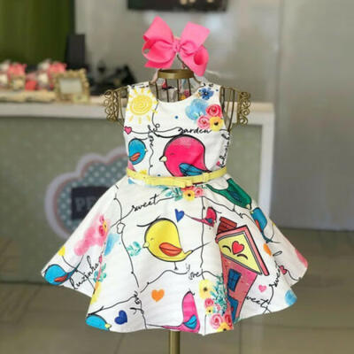 

UK 1-5Y Baby Girl Sundress Carton Bird Dress Princess Pageant Dress Party Outfit