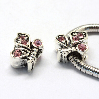 

Alloy Rhinestone European Beads Large Hole Beads Butterfly Antique Silver Light Rose 12x11x8mm Hole 5mm