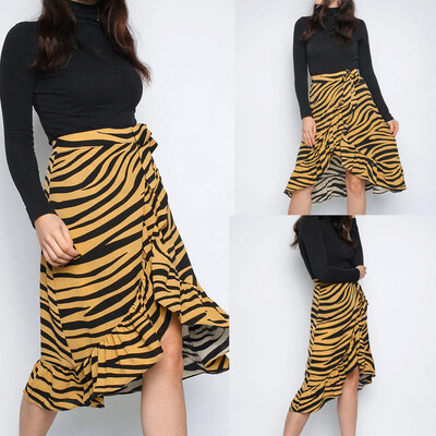 

Roseonmyhand Womens Ladies High Fashion Tie Bow Animal Print Ruffle Hem Frill Wrap Midi Skirt