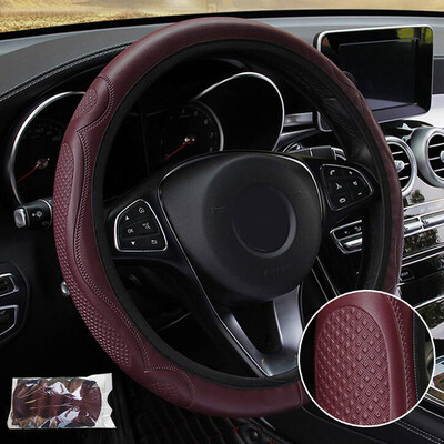 

Wine Red Car Auto Steering Wheel Cover Leather Breathable Anti-slip 15 38cm
