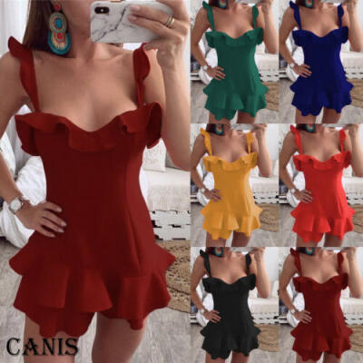 

Womens Ruffle Frill Strappy Summer Holiday Party Bodycon Beach Short Mini Dress