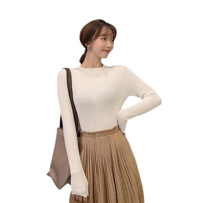 

Solid Color Knitted Sweater Elastic Women Long Sleeve Slim Bottoming Tops