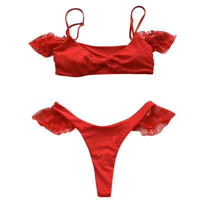 

Women Sexy Lace Solid Color Two-piece Swimwear Bikini Set