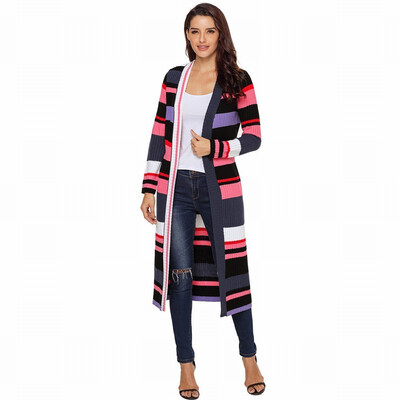 

Multicolor Stripe Color Long Sleeve Sweater Cardigan Long Loose Knit Sweater
