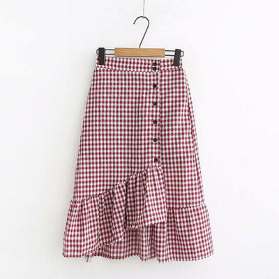 

Women Summer Korean High Waist Skirt Female Irregular Ruffle Skirts Vintage Button Long Retro High Waist Cute For Women