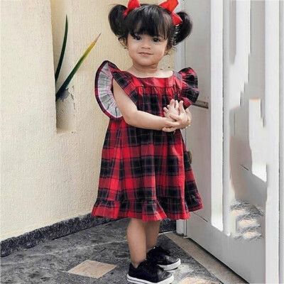 

Summer Toddler Baby Girls Fly Sleeve Plaid Bow Dress Clothes Dresses