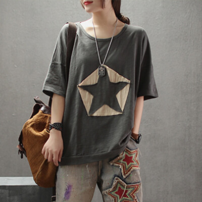 

Starmoon Womens Loose Five-Pointed Star Patch Round Neck Short-Sleeved T-Shirt