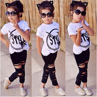 

2016 Kids Baby Girls Tops T-shirt Ripped Pants Outfits Sets Clothes Summer Fashion 2-7Y