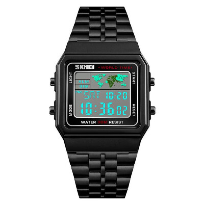

LED Digital Sports Mens Watch Count Down World Time Stainless Steel Waterproof Square Wrist Watches Multifunction Fashion Wristwa