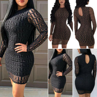 

US Stock Sexy Women Lady Long Sleeve Bodycon Party Evening Cocktail Mini Dress