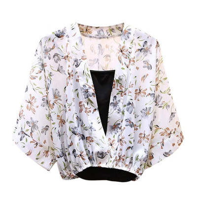 

Women Summer V-Neck Fresh Blouse Office Lady Female Floral Chiffon shirt Sling Two-Piece Set shirt set