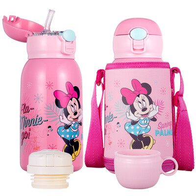 

Disney baby sippy cup childrens mug men&women baby cup students outdoor portable 316 stainless steel kettle with cup set double cover pink Minnie 550ml