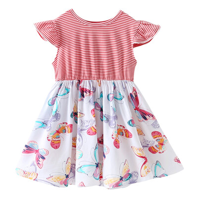 

AA0007 Girls Stripe Butterfly Printed Round Collar Short Sleeve Dress