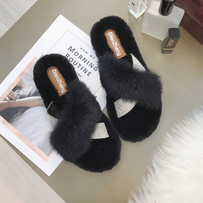 

Fur sole slippers Women wear Korean version flat sole cross-slipper fashion wool shoes in autumn&winter