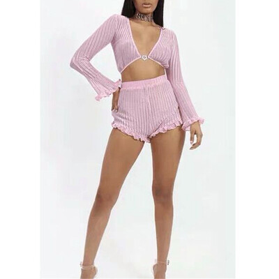 

2pcs Sexy Women See-through Hollow Knit Long Sleeve V-neck Heart Shape Single Button Bra Tank top High Waist Ruffles Shorts