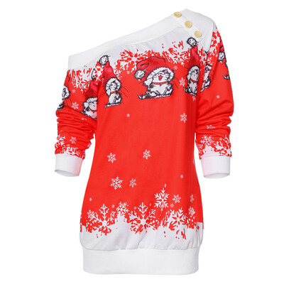 

Skew Neck Long Sleeve Kitten Christmas Print Button Women Sweatshirt