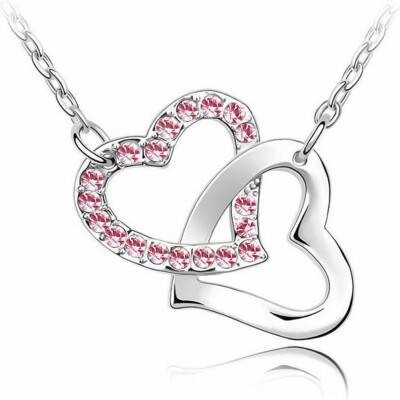 

Women Fashion 925 Sterling Silver Austria Pink Crystal Suit Double Heart Pendant Necklace Jewelry Gifts