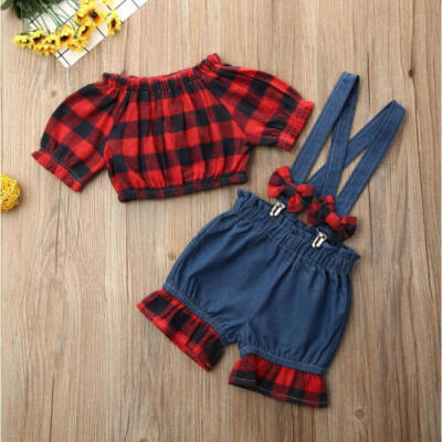 

UK Xmas Toddler Kids Baby Girl Christmas Plaid Tops Bib Pants Princess Clothes