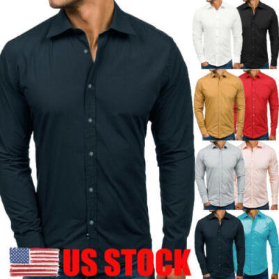 

US Mens Long Sleeve Shirt Button Up Business Work Smart Formal Cotton Dress Top