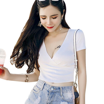 

Women Sexy Cross V-Neck Crop Top Korean Solid Slim Rib T Shirt Female Summer Casual Short Sleeve Tshirts Female Clothing