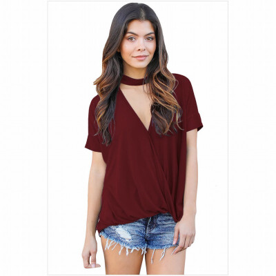 

High-neck short-sleeved V-shaped cutout loose top casual T-shirt