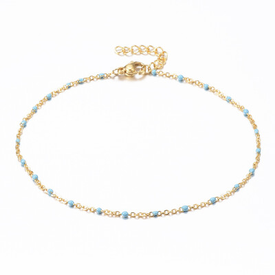 

304 Stainless Steel Cable Chain Anklets with Enamel Links Golden SkyBlue 9"230mm 15mm