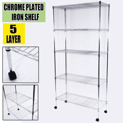 

5-Layer Chrome Plated Iron Storage Rack Shelf with Wheels Home Office Organizer