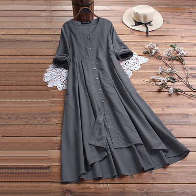 

Tailored Womens Fashion CottonLeper V Collar Button Long-sleeved Loose Dress