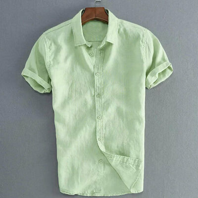 

Mens Linen Short Sleeve Summer Solid Shirts Casual Loose Dress Soft Tops Tee