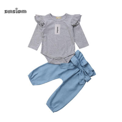 

2Pcs Newborn Baby Girl Cotton Tops Long Trouser Romper Bowknot Denim Pants Outfits Clothes