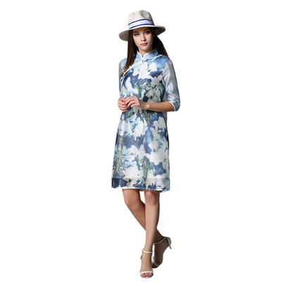 

Woman Organza Knee-length Dress Cheongsam Style Floral Printed Party Dress