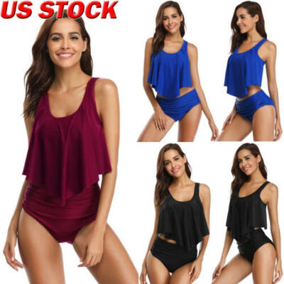 

Two-Piece High Waist Solid Bikini Womens Swimwear Swimsuit Bathing Suit Beach
