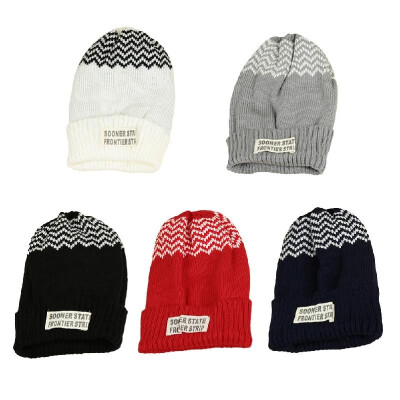 

New Women Men Knitted Beanie Hat Letter Wave Stripe Round Top Turn-up Warm Dance Cap Headwear