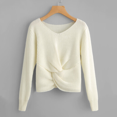 

Womens Casual Sweater V-neck Sexy Cross-knotted Loose Long Sleeve Knitwear Tops